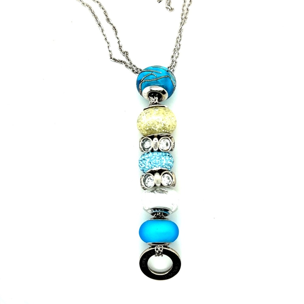 Sterling Silver Memories Charm Necklace Blue Yellow Glass Crystal Beads Slip On